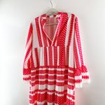 Silk & Salt V Neck Aztec Long Sleeve Midi Dress Red White Medium Photo 9
