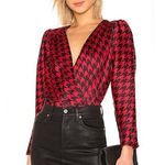 Revolve L'ACADEMIE The Victoire VNeck Long Sleeve in Red Houndstooth Bodysuit Blouse Photo 0