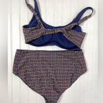 Athleta Seersucker High Neck Waist Bikini Multi Color Navy Plaid Womans 36D DD L Photo 7
