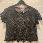 Derek Heart Sheer Black Woven Patterned Crop Tee; Lace Floral, Mesh Back; Medium Photo 0