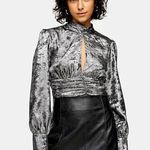 Topshop NWT High Neck Ruched Shimmery Blouse In Gunmetal Metallic Silver 10 Photo 0