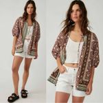 Free People  Bohemian Retro 70s Border Batik Button Down Kimono Shirt Size Large Photo 2