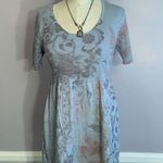 One World short sleeve sweater tunic blue floral scroll print ribbed bodice Photo 0
