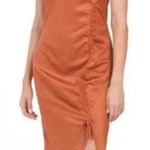 NWT House of Harlow 1960 Maxi Dress Satin Silky Orange Ruched Tie Front Side XS Photo 0
