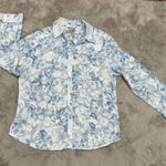 Chico's Chico’s Women Floral‎ Button-Up Shirt Blue White Sheer Long Sleeve Blouse Size L Photo 0