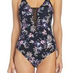 Ambrielle | NWT | Medium | One Piece Swimsuit Black Pink Silver Floral Pattern Photo 0