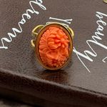 Vintage Floral Carved Ring – 1970s Cabochon, Gold Adjustable Handmade Orange Photo 2