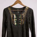 Free People Tiger Eyes Sequin Henley Top Army Combo Size S Long Sleeve Photo 2