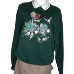 Vintage Grandma Sweatshirt with Collar Dark Green Welcome Birds Pinecone Design Size L Photo 0