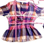 Anthropologie Pilcro Plaid Peplum Smocked Waist Long Sleeve Top Pink Navy Small Photo 12