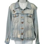 Forever 21 Blue Denim Pink Orange Floral Embroidered Distressed Jean Jacket sz M Photo 0