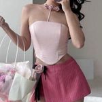 Vietnamese Pastel Pink Rose Bow Ribbon Halter Satin Corset Crop Top Blouse Photo 0