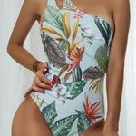[MakeMeChic] Tropical Floral One Shoulder Asymmetrical One Piece Swimsuit Large Green Photo 0