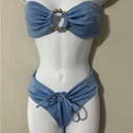 Devon Windsor Sky Shimmer Bikini Set In Windsor Bandeau Top Ruched Bottom Sz XS Blue Photo 0