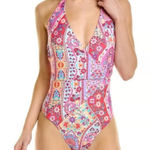 Nanette Lepore  Plunging V-neck Halter Print One-Piece Moderate Swimsuit Size 10 Photo 0