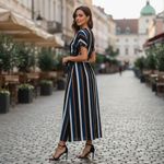 SheIn Medium blue brown white black Stripe belted maxi dress modest A-line silhouette Photo 4