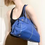 TOD’S Blue Pebbled Leather Contrast Stitch Button Snap Closure Satchel Crossbody Photo 3
