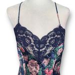 Vintage 90s Slip Dress Blue Baby Pink Spaghetti Strap Dark Floral Open Back Lace Size M Photo 1
