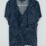 Ralph Lauren Lauren  Womens Linen Blend Geometric‎ V Neck Top Size XL Blue Artsy Photo 0