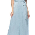 Marina Light Blue Metallic Pleated Maxi Dress with Tie Belt Size L Silver Size L Photo 0