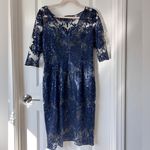 Tahari Blue Sequin Lace Sheath Cocktail Dress Size 6 Evening Wedding Guest Photo 2
