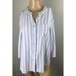cupio   Women's Medium Blue Striped V Neck Button Up Front Pocket Linen Blend Top Photo 1