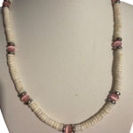 Vintage Puka Shell Pink Cats Eye Bead Necklace Silver Tone Adj 19" Estate 19.4g White Photo 0