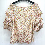 CeCe Cream Dainty Flowers Eyelet Off Shoulder Blouse Ruched Ruffle Half Sleeves Photo 3