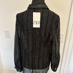 ZARA  Sheer Black Silver Striped Button Down Shirt Blouse Top Tie Neck Beaded NEW Photo 3