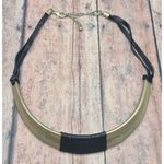 None Brushed Gold Tone & Black Faux Leather Structured Collar Choker Necklace 18" Photo 7