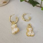 Gold Hoop Earrings with Pearl Bear Charms Photo 5