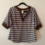 Maeve  Purple Brown Stripe Ribbed Short Sleeve Henley Shirt Preppy Sparkle 2X Photo 1