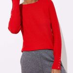Loft ANN TAYLOR Textured Button Cuff Sweater Bright Red 100% Cotton Crew Neck M Photo 0