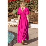 NWT Oddy Bright Pink Wrap Maxi Dress Smocked Waist Tie Back Detail Flowy Sleeve Photo 1