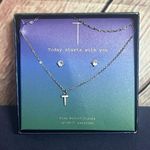 A New Day T"—Initial Necklace Silver Chain With Diamond Stud Earrings NIB Photo 0