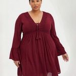 Torrid  Dress Size 1/14-16 Women's Mini Gauze Lace Up Skater Maroon Long Sleeve Photo 0