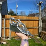 Caslon Sandals Womens Size 6.5 Silver Leather Paola Open Square Toe Wedges Photo 8