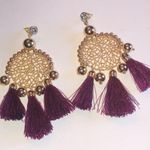 Gold Tone Burgundy Maroon Huge Boho Fringe Pierced Earrings Photo 2