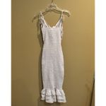 Mable Smocked Midi Dress Small Beige Floral Tie Shoulder Cutout Ruffle Hem Tan Photo 6