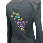 Soul Revival Y2K Waffle Knit Tee Large Black Floral Butterfly Embroidered Boho Photo 4