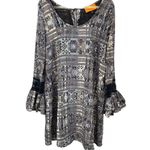 Voom By Joy Han Grey Blue Black Bell Sleeve Crochet Women's Med Dress Lagenlook Photo 0