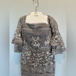 Social Occasions by Mon Cheri Lace Embroidered Bell Sleeve Column Cocktail Dress Gray Size 10 Photo 4