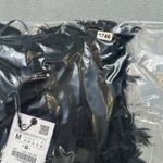 ZARA NWT Top M Womens Black Sheer Textured Fringe Blouse Ribbed Long Sleeve V Photo 6