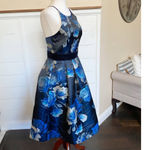 Eliza J Black Blue Floral Jacquard Crisscross Halter Fit Flare Belted Dress sz 6 Photo 5