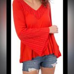 Free People $88  Parisian Red Eyelet S boho lace V Neck Puff Sleeve top Nwot fall Photo 1