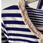 Boutique Navy Cream Cotton Stripped Cardigan with Tan Short Fringe Size Large Blue Photo 3