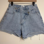 Princess Polly  Asymmetrical Denim Shorts Light Wash Cutoff Raw Hem Size 6 Photo 0