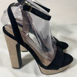 Betsey Johnson BETSY JOHNSON MATTIE BLACK VELVET PLATFORM GOLD GLITTER HEELS 7.5M PREOWNED Photo 2