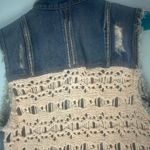 Free People  Distressed Denim Cargo Fringe Jean Vest Macrame Crochet L Photo 8