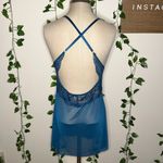 Blue Mesh Lace Trimmed Lingerie Robe and Slip Dress Set Photo 3